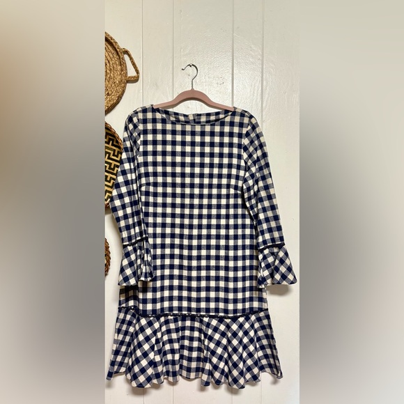 SAIL to SABLE NAVY GINGHAM LONG SLEEVE RUFFLE HEM DRESS SIZE M - Picture 5 of 10